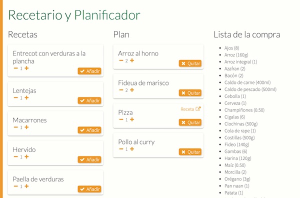 Captura de pantalla del recetario y planificador